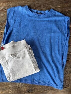 Lafayette148 blue linen sleeveless sweater fly away back EUC size S/M